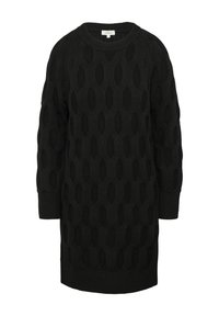 Schwarzes Strickkleid mit einem strukturierten Muster aus Rautenformen, rundem Ausschnitt und langen Ärmeln. Mit gerippten Manschetten und Saum.
