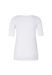 Bílý krátký rukáv tričko zobrazené z الخلفu s kulatým výstřihem a manžetovými rukávy.