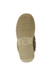 Beige rubberen buitenzool van een slipper, textuur met horizontale en verticale groeven, met een verhoogd logo van Australië. Zachte, harige bovenrand.