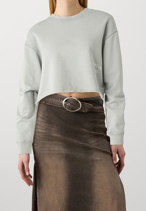 Vrouw die een lichtgrijze cropped sweatshirt met lange mouwen draagt en een vervaagde bruine denim rok met een asymmetrische zilveren ovale gesp riem.