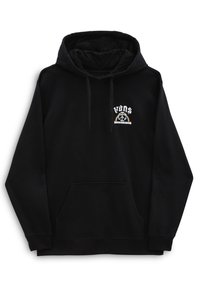 Sudadera negra con capucha que incluye un bolsillo frontal, capucha ajustable con cordón y un logo bordado con un símbolo de la paz y detalle de arcoíris.