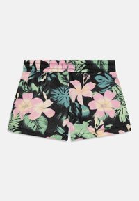Blomstrede svømmedrakter med sort baggrund, prydet med pink og grønne tropiske blomstermønstre. Elastisk talje; blødt, letvægtsstof.