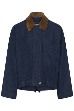 Sötétkék farmerdzseki barna kordbársony gallérral, pattintós gombos záródással, hosszú ujjakkal és állítható húzózsinóros szegéllyel.