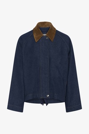 Sötétkék farmerdzseki barna kordbársony gallérral, pattintós gombos záródással, hosszú ujjakkal és állítható húzózsinóros szegéllyel.