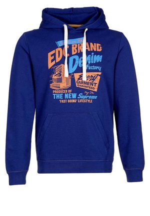 Blå hoodie i bomullsblandning, med en framficka, dragsko på huven och grafiskt tryck i orange och blått. Mjuk textur.