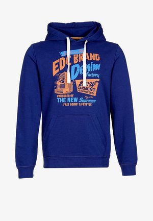 Sudadera azul de mezcla de algodón, con bolsillo delantero, capucha con cordón y estampado gráfico en naranja y azul. Textura suave.