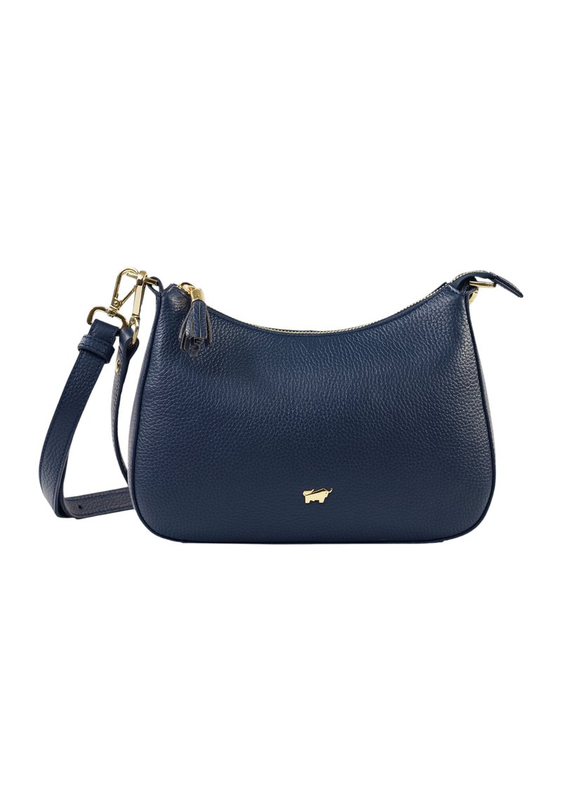Borsa a mano in pelle blu navy con una texture a buccia d'arancia, dettagli in metallo dorato, chiusura con zip e una tracolla staccabile.