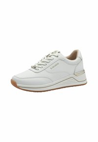 Sneaker blanche avec un dessus en cuir lisse, des coutures décoratives, un col rembourré et des accents dorés sur le talon et le logo. Semelle en caoutchouc.
