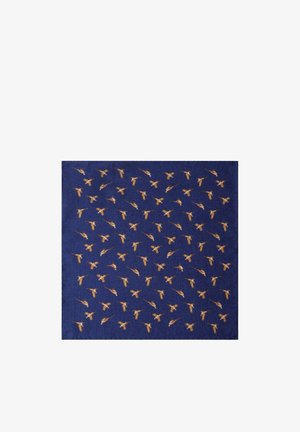 Navy blue fabric with repeated small golden bird embroidery patterns arranged in a grid.