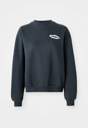 Dark gray sweatshirt with long sleeves and a round neck. Features white "New Balance Athletics" embroidery on the chest. Soft texture.