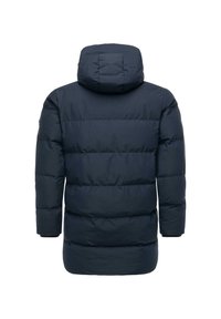 Navy blue padded winter coat with hood, long sleeves, and horizontal quilting, shown from the back against a white background.
