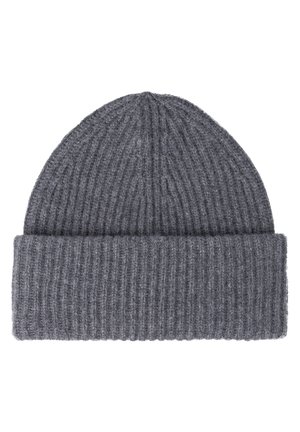 Grau gestrickte Beanie-Mütze aus Wolle, mit geripptem Muster und umgeschlagenem Rand, mit leicht abgerundetem oberen Teil.