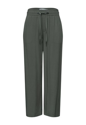 Pantalones de pierna ancha de color verde oscuro con cintura elástica y cordón ajustable en la parte delantera sobre fondo blanco.