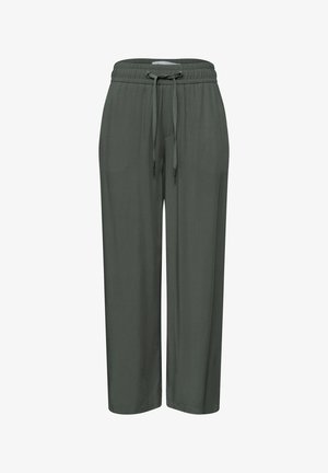 Dunkelgrüne Hose mit weitem Bein, elastischem Bund und verstellbarem Kordelzug vorne auf weißem Hintergrund.