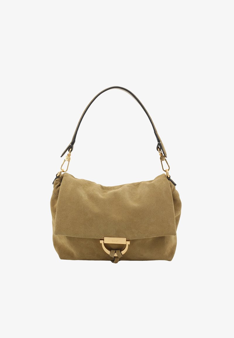 Khaki Wildleder-Handtasche mit geschwungener Form, einem schwarzen Ledergriff und einem goldfarbenen Verschlussdetail. Weiche Textur und minimalistisches Design.