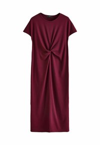 Robe midi bordeaux en tissu doux, avec un col rond, des manches courtes et un détail noué à l'avant. Texture lisse.
