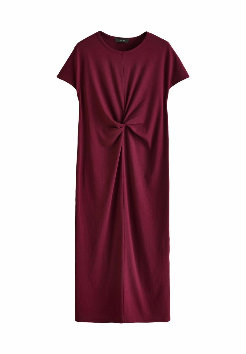Robe midi bordeaux en tissu doux, avec un col rond, des manches courtes et un détail noué à l'avant. Texture lisse.