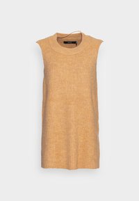 Ärmelloses beigefarbenes Stricktopp mit gerippter Textur, rundem Ausschnitt und lockerer Passform. Der Stoff wirkt weich und weist subtile Farbvariationen auf.