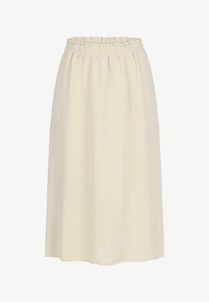 Knee-length skirt in cream, made of textured fabric. Features an elastic waistband for comfort and a flowing silhouette. No visible patterns.