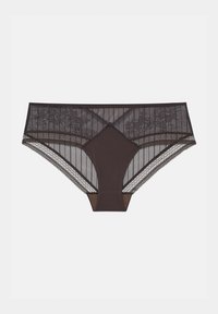 Culotte en dentelle de couleur marron foncé, avec un avant en dentelle transparente ornée de motifs floraux, un dos uni et des bords en dentelle festonnée.