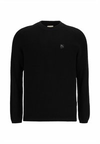 Schwarzer Strickpullover mit gerippter Textur, Rundhalsausschnitt und langen Ärmeln. Verfügt über ein kleines Dreieck-Logo auf der linken Brustseite.