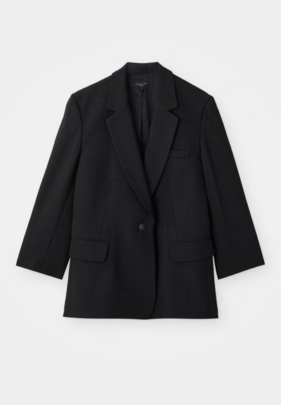 Black blazer with a single button closure, notch lapels, and two front pockets. Features a tailored shape and fabric texture.