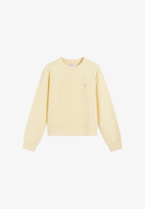 Sudadera de cuello redondo en amarillo claro con mangas largas y un pequeño logo bordado en el área izquierda del pecho.