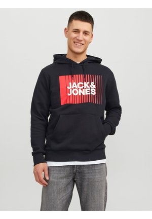 Navy hoodie featuring a red and white graphic design with "JACK & JONES," classic fit, drawstring hood, and a front kangaroo pocket.