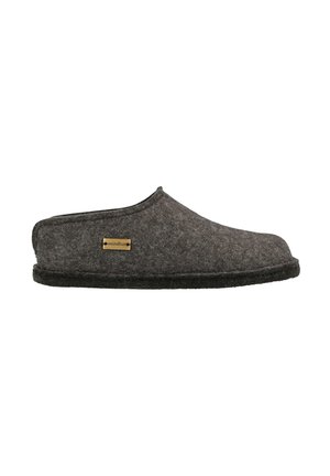 Gray felt slipper with a rounded shape, soft texture, and a black rubber sole. Features a small gold logo on the side.