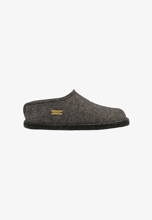 Gray felt slipper with a rounded shape, soft texture, and a black rubber sole. Features a small gold logo on the side.