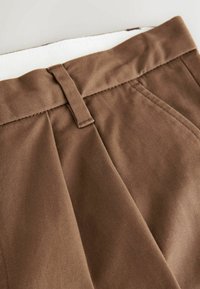 Brown tailored trousers featuring a smooth, structured fabric with crisp pleats and a sturdy waistband.