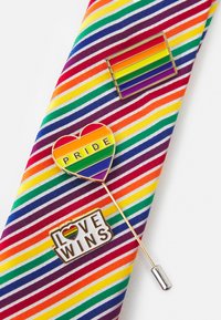 Gravata riscada multicolorida com um alfinete em forma de coração rotulado "ORGULHO", um alfinete retangular e um alfinete que diz "O AMOR VENCE", todos exibindo cores do arco-íris.