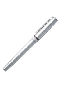Sølv metal kuglepen med en blank finish, afdæmpet krop og klips. Har et tekstureret greb nær spidsen. Glat, strømlinet design.