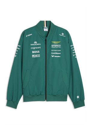 Zielona kurtka wyścigowa Aston Martin na pełny zamek błyskawiczny z logo sponsorów, w tym Aramco, Honda, TikTok i BOSS na przodzie i rękawach.