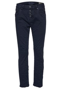 Marinblå byxor gjorda av bomullsblandad tyg, med slim fit, fem fickor och en knappgylf med fyra knappar. Texturerad yta.