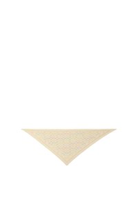 Drihoekige sjaal in crème, met een patroon van elkaar overlappende cirkels in pastelkleuren. De randen zijn strak afgewerkt, met een delicate boordontwerp.