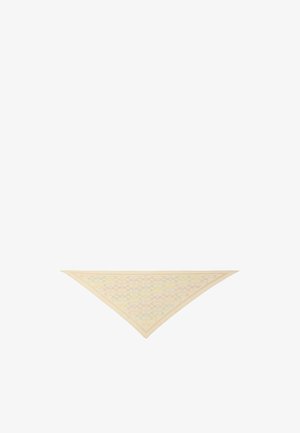 Sciarpa triangolare in crema, caratterizzata da un motivo di cerchi sovrapposti in tonalità pastello. I bordi sono puliti e presentano un delicato design bordato.