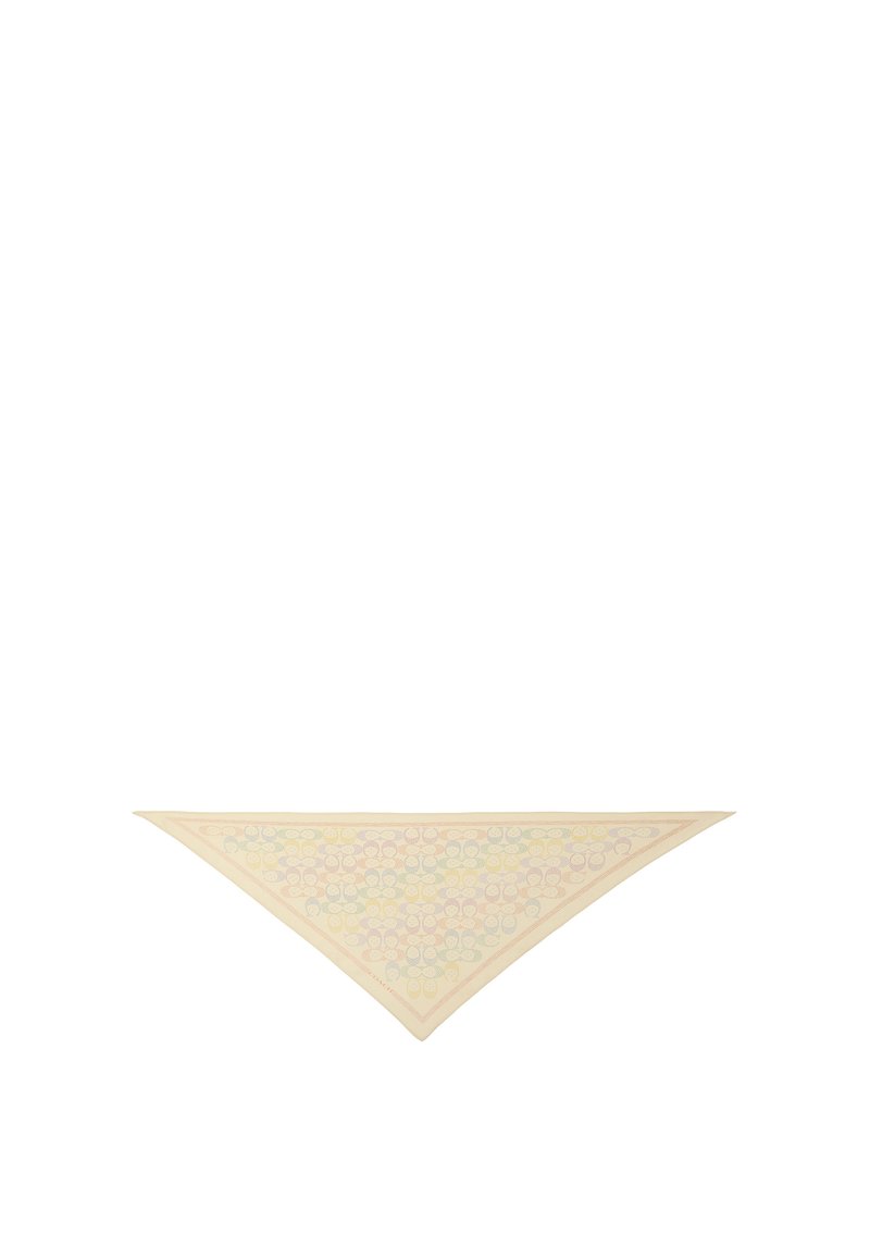 Drihoekige sjaal in crème, met een patroon van elkaar overlappende cirkels in pastelkleuren. De randen zijn strak afgewerkt, met een delicate boordontwerp.