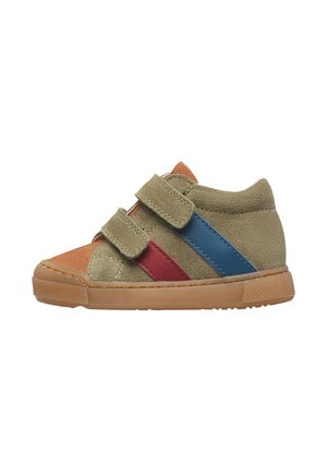 Child's high-top sneaker in tan suede with two Velcro straps and red and blue leather side stripes, rubber sole.