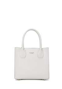 Borsa a mano bianca in pelle con due manici superiori, forma rettangolare e marchio impresso sul fronte. Texture liscia e minimalismo nell'hardware.