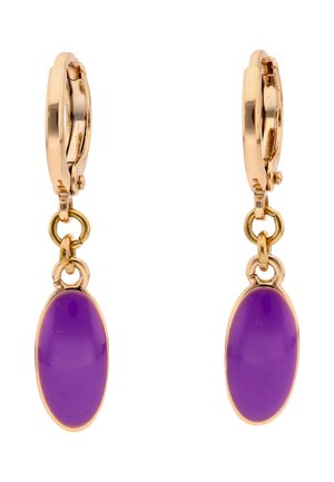 Cercei cercel de aur cu pandantive din piatră prețioasă ovală violet, atârnând de linkuri mici de aur.