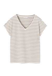 Tricou cu mânecă scurtă, cu decolteu în V, cu dungi în nuanțe de crem și maron deschis. Material moale cu dungi orizontale. Design casual, potrivit pentru purtarea zilnică.