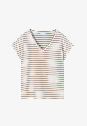 Prugasta majica kratkih rukava s V-izrezom u krem i svijetlosmeđoj boji. Mekana tkanina s horizontalnim prugama. Ležeran dizajn prikladan za svakodnevno nošenje.