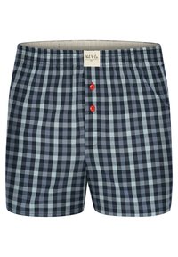 Boxer in una stampa a quadri blu navy e azzurro, con un fit rilassato, vita elastica e due bottoni rossi sul davanti.