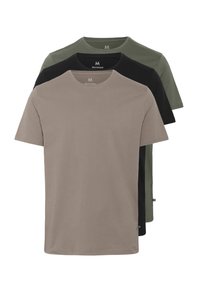 Tre crew-neck T-shirts i taupe, oliven og sort. Lavet af glat stof, med korte ærmer og et enkelt design uden synlige logoer.