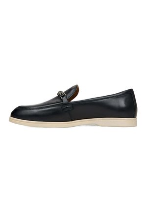 Black leather loafers with a tan rubber sole, featuring a decorative silver metal buckle and a smooth, polished finish.