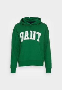 Felpa verde con cappuccio in misto cotone, dotata di tasca a marsupio frontale, cappuccio con coulisse e scritta "GANT" in bianco audace.