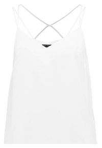 Bílý bezrukávový top s výstřihem do V a tenkými zkříženými ramínky. Hladká textura; jednoduchý a minimalistický design.