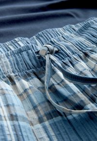 Shorts à carreaux bleu clair avec une taille élastique et un cordon de serrage. Le tissu présente un design texturé et plissé.