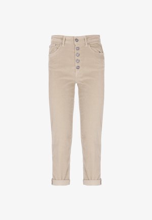 Pantaloni in corduroy beige con cinque botttoni decorativi in metallo, tasche frontali, passanti per cintura e orli arrotolati.